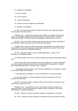 IV - embargos de declaração;
V - recurso ordinário;
VI - recurso especial;
VII - recurso extraordinário;
VIII - agravo em recurso especial ou extraordinário;
IX - embargos de divergência.
Art. 995. Os recursos não impedem a eficácia da decisão, salvo disposição legal ou
decisão judicial em sentido diverso.
Parágrafo único. A eficácia da decisão recorrida poderá ser suspensa por decisão do
relator, se da imediata produção de seus efeitos houver risco de dano grave, de difícil ou
impossível reparação, e ficar demonstrada a probabilidade de provimento do recurso.
Art. 996. O recurso pode ser interposto pela parte vencida, pelo terceiro prejudicado e
pelo Ministério Público, como parte ou como fiscal da ordem jurídica.
Parágrafo único. Cumpre ao terceiro demonstrar a possibilidade de a decisão sobre a
relação jurídica submetida à apreciação judicial atingir direito de que se afirme titular ou que
possa discutir em juízo como substituto processual.
Art. 997. Cada parte interporá o recurso independentemente, no prazo e com
observância das exigências legais.
§ 1o Sendo vencidos autor e réu, ao recurso interposto por qualquer deles poderá aderir o
outro.
§ 2o O recurso adesivo fica subordinado ao recurso independente, sendo-lhe aplicáveis
as mesmas regras deste quanto aos requisitos de admissibilidade e julgamento no tribunal,
salvo disposição legal diversa, observado, ainda, o seguinte:
I - será dirigido ao órgão perante o qual o recurso independente fora interposto, no prazo
de que a parte dispõe para responder;
II - será admissível na apelação, no recurso extraordinário e no recurso especial;
III - não será conhecido, se houver desistência do recurso principal ou se for ele
considerado inadmissível.
Art. 998. O recorrente poderá, a qualquer tempo, sem a anuência do recorrido ou dos
litisconsortes, desistir do recurso.
Parágrafo único. A desistência do recurso não impede a análise de questão cuja
repercussão geral já tenha sido reconhecida e daquela objeto de julgamento de recursos
extraordinários ou especiais repetitivos.
Art. 999. A renúncia ao direito de recorrer independe da aceitação da outra parte.
Art. 1.000. A parte que aceitar expressa ou tacitamente a decisão não poderá recorrer.
 