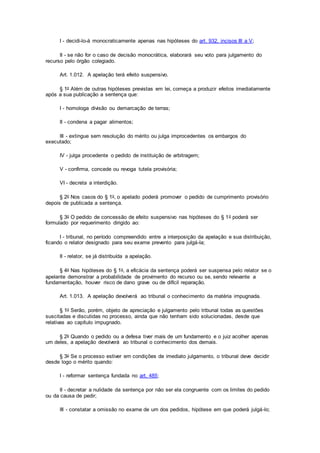 I - decidi-lo-á monocraticamente apenas nas hipóteses do art. 932, incisos III a V;
II - se não for o caso de decisão monocrática, elaborará seu voto para julgamento do
recurso pelo órgão colegiado.
Art. 1.012. A apelação terá efeito suspensivo.
§ 1o Além de outras hipóteses previstas em lei, começa a produzir efeitos imediatamente
após a sua publicação a sentença que:
I - homologa divisão ou demarcação de terras;
II - condena a pagar alimentos;
III - extingue sem resolução do mérito ou julga improcedentes os embargos do
executado;
IV - julga procedente o pedido de instituição de arbitragem;
V - confirma, concede ou revoga tutela provisória;
VI - decreta a interdição.
§ 2o Nos casos do § 1o, o apelado poderá promover o pedido de cumprimento provisório
depois de publicada a sentença.
§ 3o O pedido de concessão de efeito suspensivo nas hipóteses do § 1o poderá ser
formulado por requerimento dirigido ao:
I - tribunal, no período compreendido entre a interposição da apelação e sua distribuição,
ficando o relator designado para seu exame prevento para julgá-la;
II - relator, se já distribuída a apelação.
§ 4o Nas hipóteses do § 1o, a eficácia da sentença poderá ser suspensa pelo relator se o
apelante demonstrar a probabilidade de provimento do recurso ou se, sendo relevante a
fundamentação, houver risco de dano grave ou de difícil reparação.
Art. 1.013. A apelação devolverá ao tribunal o conhecimento da matéria impugnada.
§ 1o Serão, porém, objeto de apreciação e julgamento pelo tribunal todas as questões
suscitadas e discutidas no processo, ainda que não tenham sido solucionadas, desde que
relativas ao capítulo impugnado.
§ 2o Quando o pedido ou a defesa tiver mais de um fundamento e o juiz acolher apenas
um deles, a apelação devolverá ao tribunal o conhecimento dos demais.
§ 3o Se o processo estiver em condições de imediato julgamento, o tribunal deve decidir
desde logo o mérito quando:
I - reformar sentença fundada no art. 485;
II - decretar a nulidade da sentença por não ser ela congruente com os limites do pedido
ou da causa de pedir;
III - constatar a omissão no exame de um dos pedidos, hipótese em que poderá julgá-lo;
 