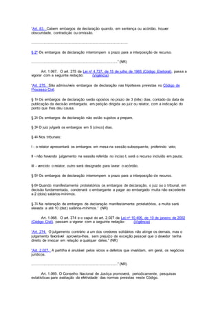 “Art. 83. Cabem embargos de declaração quando, em sentença ou acórdão, houver
obscuridade, contradição ou omissão.
.............................................................................................
§ 2º Os embargos de declaração interrompem o prazo para a interposição de recurso.
...................................................................................” (NR)
Art. 1.067. O art. 275 da Lei no 4.737, de 15 de julho de 1965 (Código Eleitoral), passa a
vigorar com a seguinte redação: (Vigência)
“Art. 275. São admissíveis embargos de declaração nas hipóteses previstas no Código de
Processo Civil.
§ 1o Os embargos de declaração serão opostos no prazo de 3 (três) dias, contado da data de
publicação da decisão embargada, em petição dirigida ao juiz ou relator, com a indicação do
ponto que lhes deu causa.
§ 2o Os embargos de declaração não estão sujeitos a preparo.
§ 3o O juiz julgará os embargos em 5 (cinco) dias.
§ 4o Nos tribunais:
I - o relator apresentará os embargos em mesa na sessão subsequente, proferindo voto;
II - não havendo julgamento na sessão referida no inciso I, será o recurso incluído em pauta;
III - vencido o relator, outro será designado para lavrar o acórdão.
§ 5o Os embargos de declaração interrompem o prazo para a interposição de recurso.
§ 6o Quando manifestamente protelatórios os embargos de declaração, o juiz ou o tribunal, em
decisão fundamentada, condenará o embargante a pagar ao embargado multa não excedente
a 2 (dois) salários-mínimos.
§ 7o Na reiteração de embargos de declaração manifestamente protelatórios, a multa será
elevada a até 10 (dez) salários-mínimos.” (NR)
Art. 1.068. O art. 274 e o caput do art. 2.027 da Lei no 10.406, de 10 de janeiro de 2002
(Código Civil), passam a vigorar com a seguinte redação: (Vigência)
“Art. 274. O julgamento contrário a um dos credores solidários não atinge os demais, mas o
julgamento favorável aproveita-lhes, sem prejuízo de exceção pessoal que o devedor tenha
direito de invocar em relação a qualquer deles.” (NR)
“Art. 2.027. A partilha é anulável pelos vícios e defeitos que invalidam, em geral, os negócios
jurídicos.
...................................................................................” (NR)
Art. 1.069. O Conselho Nacional de Justiça promoverá, periodicamente, pesquisas
estatísticas para avaliação da efetividade das normas previstas neste Código.
 