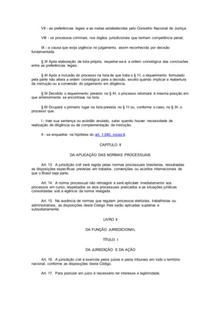 VII - as preferências legais e as metas estabelecidas pelo Conselho Nacional de Justiça;
VIII - os processos criminais, nos órgãos jurisdicionais que tenham competência penal;
IX - a causa que exija urgência no julgamento, assim reconhecida por decisão
fundamentada.
§ 3o Após elaboração de lista própria, respeitar-se-á a ordem cronológica das conclusões
entre as preferências legais.
§ 4o Após a inclusão do processo na lista de que trata o § 1o, o requerimento formulado
pela parte não altera a ordem cronológica para a decisão, exceto quando implicar a reabertura
da instrução ou a conversão do julgamento em diligência.
§ 5o Decidido o requerimento previsto no § 4o, o processo retornará à mesma posição em
que anteriormente se encontrava na lista.
§ 6o Ocupará o primeiro lugar na lista prevista no § 1o ou, conforme o caso, no § 3o, o
processo que:
I - tiver sua sentença ou acórdão anulado, salvo quando houver necessidade de
realização de diligência ou de complementação da instrução;
II - se enquadrar na hipótese do art. 1.040, inciso II.
CAPÍTULO II
DA APLICAÇÃO DAS NORMAS PROCESSUAIS
Art. 13. A jurisdição civil será regida pelas normas processuais brasileiras, ressalvadas
as disposições específicas previstas em tratados, convenções ou acordos internacionais de
que o Brasil seja parte.
Art. 14. A norma processual não retroagirá e será aplicável imediatamente aos
processos em curso, respeitados os atos processuais praticados e as situações jurídicas
consolidadas sob a vigência da norma revogada.
Art. 15. Na ausência de normas que regulem processos eleitorais, trabalhistas ou
administrativos, as disposições deste Código lhes serão aplicadas supletiva e
subsidiariamente.
LIVRO II
DA FUNÇÃO JURISDICIONAL
TÍTULO I
DA JURISDIÇÃO E DA AÇÃO
Art. 16. A jurisdição civil é exercida pelos juízes e pelos tribunais em todo o território
nacional, conforme as disposições deste Código.
Art. 17. Para postular em juízo é necessário ter interesse e legitimidade.
 