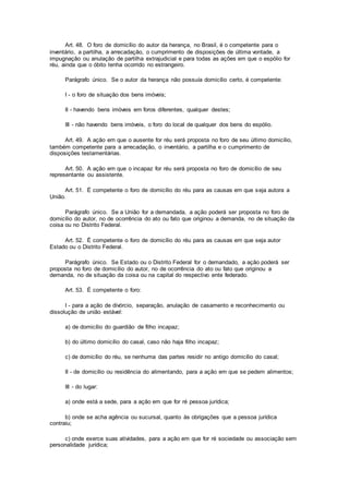 Art. 48. O foro de domicílio do autor da herança, no Brasil, é o competente para o
inventário, a partilha, a arrecadação, o cumprimento de disposições de última vontade, a
impugnação ou anulação de partilha extrajudicial e para todas as ações em que o espólio for
réu, ainda que o óbito tenha ocorrido no estrangeiro.
Parágrafo único. Se o autor da herança não possuía domicílio certo, é competente:
I - o foro de situação dos bens imóveis;
II - havendo bens imóveis em foros diferentes, qualquer destes;
III - não havendo bens imóveis, o foro do local de qualquer dos bens do espólio.
Art. 49. A ação em que o ausente for réu será proposta no foro de seu último domicílio,
também competente para a arrecadação, o inventário, a partilha e o cumprimento de
disposições testamentárias.
Art. 50. A ação em que o incapaz for réu será proposta no foro de domicílio de seu
representante ou assistente.
Art. 51. É competente o foro de domicílio do réu para as causas em que seja autora a
União.
Parágrafo único. Se a União for a demandada, a ação poderá ser proposta no foro de
domicílio do autor, no de ocorrência do ato ou fato que originou a demanda, no de situação da
coisa ou no Distrito Federal.
Art. 52. É competente o foro de domicílio do réu para as causas em que seja autor
Estado ou o Distrito Federal.
Parágrafo único. Se Estado ou o Distrito Federal for o demandado, a ação poderá ser
proposta no foro de domicílio do autor, no de ocorrência do ato ou fato que originou a
demanda, no de situação da coisa ou na capital do respectivo ente federado.
Art. 53. É competente o foro:
I - para a ação de divórcio, separação, anulação de casamento e reconhecimento ou
dissolução de união estável:
a) de domicílio do guardião de filho incapaz;
b) do último domicílio do casal, caso não haja filho incapaz;
c) de domicílio do réu, se nenhuma das partes residir no antigo domicílio do casal;
II - de domicílio ou residência do alimentando, para a ação em que se pedem alimentos;
III - do lugar:
a) onde está a sede, para a ação em que for ré pessoa jurídica;
b) onde se acha agência ou sucursal, quanto às obrigações que a pessoa jurídica
contraiu;
c) onde exerce suas atividades, para a ação em que for ré sociedade ou associação sem
personalidade jurídica;
 