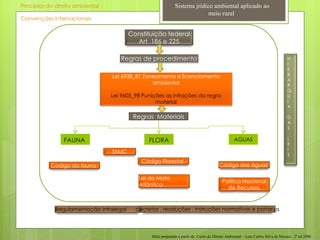 Regras  Materiais FAUNA FLORA AGUAS Convenções Internacionais  Princípios do direito ambiental  Slide preparado a partir de  Curso de Direito Ambiental – Luís Carlos Silva de Moraes . 2ª ed 2006  Sistema jrídico ambiental aplicado ao meio rural  Constituição federal Art  186 e 225 Regras de procedimento Código Florestal  Regulamentação infralegal  decretos , resoluções , instruções normativas e portarias Codigo da fauna  Código das águas  Política Nacional de Recursos Hídricos  Lei da Mata Atlântica SNUC H I E R A R Q U I A D A S L E I S Lei 6938_81 Zoneamento e licenciamento ambiental Lei 9605_98 Punições as infrações da regra material 