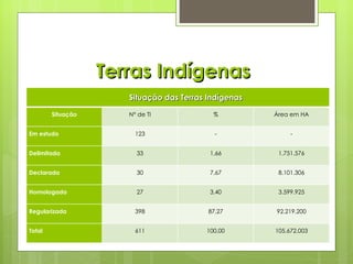 Terras Indígenas  Situação das Terras Indígenas Situação N° de TI % Área em HA Em estudo 123 - - Delimitada 33 1,66 1.751.576 Declarada 30 7,67 8.101.306 Homologada 27 3,40 3.599.925 Regularizada 398 87,27 92.219.200 Total 611 100,00 105.672.003 