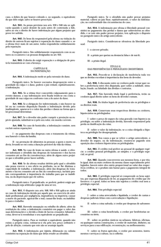 caso, o dobro do que houver cobrado e, no segundo, o equivalente                 Parágrafo único. Se o ofendido não puder provar prejuízo
do que dele exigir, salvo se houver prescrição.                           material, caberá ao juiz fixar, eqüitativamente, o valor da indeniza-
                                                                          ção, na conformidade das circunstâncias do caso.
       Art. 941. As penas previstas nos arts. 939 e 940 não se apli-
carão quando o autor desistir da ação antes de contestada a lide,                 Art. 954. A indenização por ofensa à liberdade pessoal con-
salvo ao réu o direito de haver indenização por algum prejuízo que        sistirá no pagamento das perdas e danos que sobrevierem ao ofen-
prove ter sofrido.                                                        dido, e se este não puder provar prejuízo, tem aplicação o disposto
                                                                          no parágrafo único do artigo antecedente.
       Art. 942. Os bens do responsável pela ofensa ou violação do
direito de outrem ficam sujeitos à reparação do dano causado; e, se               Parágrafo único. Consideram-se ofensivos da liberdade pes-
a ofensa tiver mais de um autor, todos responderão solidariamente         soal:
pela reparação.
                                                                                  I - o cárcere privado;
       Parágrafo único. São solidariamente responsáveis com os au-
tores os co-autores e as pessoas designadas no art. 932.                          II - a prisão por queixa ou denúncia falsa e de má-fé;

        Art. 943. O direito de exigir reparação e a obrigação de pres-            III - a prisão ilegal.
tá-la transmitem-se com a herança.
                                                                                                  TÍTULO X
                           CAPÍTULO II                                            DAS PREFERÊNCIAS E PRIVILÉGIOS CREDITÓRIOS
                         DA INDENIZAÇÃO
                                                                                 Art. 955. Procede-se à declaração de insolvência toda vez
       Art. 944. A indenização mede-se pela extensão do dano.             que as dívidas excedam à importância dos bens do devedor.

       Parágrafo único. Se houver excessiva desproporção entre a                 Art. 956. A discussão entre os credores pode versar quer so-
gravidade da culpa e o dano, poderá o juiz reduzir, eqüitativamente,      bre a preferência entre eles disputada, quer sobre a nulidade, simu-
a indenização.                                                            lação, fraude, ou falsidade das dívidas e contratos.
       Art. 945. Se a vítima tiver concorrido culposamente para o               Art. 957. Não havendo título legal à preferência, terão os
evento danoso, a sua indenização será fixada tendo-se em conta a          credores igual direito sobre os bens do devedor comum.
gravidade de sua culpa em confronto com a do autor do dano.
                                                                                 Art. 958. Os títulos legais de preferência são os privilégios e
       Art. 946. Se a obrigação for indeterminada, e não houver na        os direitos reais.
lei ou no contrato disposição fixando a indenização devida pelo
inadimplente, apurar-se-á o valor das perdas e danos na forma que a
                                                                                Art. 959. Conservam seus respectivos direitos os credores,
lei processual determinar.
                                                                          hipotecários ou privilegiados:
       Art. 947. Se o devedor não puder cumprir a prestação na es-
                                                                                 I - sobre o preço do seguro da coisa gravada com hipoteca ou
pécie ajustada, substituir-se-á pelo seu valor, em moeda corrente.
                                                                          privilégio, ou sobre a indenização devida, havendo responsável pela
                                                                          perda ou danificação da coisa;
       Art. 948. No caso de homicídio, a indenização consiste, sem
excluir outras reparações:
                                                                                 II - sobre o valor da indenização, se a coisa obrigada a hipo-
                                                                          teca ou privilégio for desapropriada.
       I - no pagamento das despesas com o tratamento da vítima,
seu funeral e o luto da família;
                                                                                Art. 960. Nos casos a que se refere o artigo antecedente, o
                                                                          devedor do seguro, ou da indenização, exonera-se pagando sem
        II - na prestação de alimentos às pessoas a quem o morto os
                                                                          oposição dos credores hipotecários ou privilegiados.
devia, levando-se em conta a duração provável da vida da vítima.

       Art. 949. No caso de lesão ou outra ofensa à saúde, o ofen-                Art. 961. O crédito real prefere ao pessoal de qualquer espé-
sor indenizará o ofendido das despesas do tratamento e dos lucros         cie; o crédito pessoal privilegiado, ao simples; e o privilégio espe-
cessantes até ao fim da convalescença, além de algum outro prejuí-        cial, ao geral.
zo que o ofendido prove haver sofrido.
                                                                                 Art. 962. Quando concorrerem aos mesmos bens, e por títu-
       Art. 950. Se da ofensa resultar defeito pelo qual o ofendido       lo igual, dois ou mais credores da mesma classe especialmente privi-
não possa exercer o seu ofício ou profissão, ou se lhe diminua a          legiados, haverá entre eles rateio proporcional ao valor dos respec-
capacidade de trabalho, a indenização, além das despesas do trata-        tivos créditos, se o produto não bastar para o pagamento integral de
mento e lucros cessantes até ao fim da convalescença, incluirá pen-       todos.
são correspondente à importância do trabalho para que se inabili-
tou, ou da depreciação que ele sofreu.                                           Art. 963. O privilégio especial só compreende os bens sujei-
                                                                          tos, por expressa disposição de lei, ao pagamento do crédito que ele
       Parágrafo único. O prejudicado, se preferir, poderá exigir que     favorece; e o geral, todos os bens não sujeitos a crédito real nem a
a indenização seja arbitrada e paga de uma só vez.                        privilégio especial.

       Art. 951. O disposto nos arts. 948, 949 e 950 aplica-se ainda              Art. 964. Têm privilégio especial:
no caso de indenização devida por aquele que, no exercício de ativi-
dade profissional, por negligência, imprudência ou imperícia, causar            I - sobre a coisa arrecadada e liquidada, o credor de custas e
a morte do paciente, agravar-lhe o mal, causar-lhe lesão, ou inabilitá-   despesas judiciais feitas com a arrecadação e liquidação;
lo para o trabalho.
                                                                                  II - sobre a coisa salvada, o credor por despesas de salvamen-
        Art. 952. Havendo usurpação ou esbulho do alheio, além da         to;
restituição da coisa, a indenização consistirá em pagar o valor das
suas deteriorações e o devido a título de lucros cessantes; faltando a           III - sobre a coisa beneficiada, o credor por benfeitorias ne-
coisa, dever-se-á reembolsar o seu equivalente ao prejudicado.            cessárias ou úteis;

       Parágrafo único. Para se restituir o equivalente, quando não              IV - sobre os prédios rústicos ou urbanos, fábricas, oficinas,
exista a própria coisa, estimar-se-á ela pelo seu preço ordinário e       ou quaisquer outras construções, o credor de materiais, dinheiro, ou
pelo de afeição, contanto que este não se avantaje àquele.                serviços para a sua edificação, reconstrução, ou melhoramento;

       Art. 953. A indenização por injúria, difamação ou calúnia               V - sobre os frutos agrícolas, o credor por sementes, instru-
consistirá na reparação do dano que delas resulte ao ofendido.            mentos e serviços à cultura, ou à colheita;


Código Civil                                                                                                                                41




                                          mflfct_01759_22.doc                      14/01/2003 16:29
 