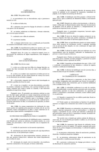 CAPÍTULO III                                          V - certidão de óbito do cônjuge falecido, de sentença decla-
                        DOS IMPEDIMENTOS                                  ratória de nulidade ou de anulação de casamento, transitada em
                                                                          julgado, ou do registro da sentença de divórcio.
       Art. 1.521. Não podem casar:
                                                                                 Art. 1.526. A habilitação será feita perante o oficial do Re-
       I - os ascendentes com os descendentes, seja o parentesco          gistro Civil e, após a audiência do Ministério Público, será homolo-
natural ou civil;                                                         gada pelo juiz.

       II - os afins em linha reta;                                               Art. 1.527. Estando em ordem a documentação, o oficial ex-
                                                                          trairá o edital, que se afixará durante quinze dias nas circunscrições
      III - o adotante com quem foi cônjuge do adotado e o adotado        do Registro Civil de ambos os nubentes, e, obrigatoriamente, se
com quem o foi do adotante;                                               publicará na imprensa local, se houver.

        IV - os irmãos, unilaterais ou bilaterais, e demais colaterais,          Parágrafo único. A autoridade competente, havendo urgên-
até o terceiro grau inclusive;                                            cia, poderá dispensar a publicação.

       V - o adotado com o filho do adotante;                                   Art. 1.528. É dever do oficial do registro esclarecer os nu-
                                                                          bentes a respeito dos fatos que podem ocasionar a invalidade do
       VI - as pessoas casadas;                                           casamento, bem como sobre os diversos regimes de bens.

       VII - o cônjuge sobrevivente com o condenado por homicídio                Art. 1.529. Tanto os impedimentos quanto as causas suspen-
ou tentativa de homicídio contra o seu consorte.                          sivas serão opostos em declaração escrita e assinada, instruída
                                                                          com as provas do fato alegado, ou com a indicação do lugar onde
      Art. 1.522. Os impedimentos podem ser opostos, até o mo-            possam ser obtidas.
mento da celebração do casamento, por qualquer pessoa capaz.
                                                                                Art. 1.530. O oficial do registro dará aos nubentes ou a seus
       Parágrafo único. Se o juiz, ou o oficial de registro, tiver co-    representantes nota da oposição, indicando os fundamentos, as
nhecimento da existência de algum impedimento, será obrigado a            provas e o nome de quem a ofereceu.
declará-lo.
                                                                                  Parágrafo único. Podem os nubentes requerer prazo razoável
                           CAPÍTULO IV                                    para fazer prova contrária aos fatos alegados, e promover as ações
                     DAS CAUSAS SUSPENSIVAS                               civis e criminais contra o oponente de má-fé.

       Art. 1.523. Não devem casar:                                              Art. 1.531. Cumpridas as formalidades dos arts. 1.526 e 1.527
                                                                          e verificada a inexistência de fato obstativo, o oficial do registro
       I - o viúvo ou a viúva que tiver filho do cônjuge falecido, en-    extrairá o certificado de habilitação.
quanto não fizer inventário dos bens do casal e der partilha aos
herdeiros;                                                                       Art. 1.532. A eficácia da habilitação será de noventa dias, a
                                                                          contar da data em que foi extraído o certificado.
       II - a viúva, ou a mulher cujo casamento se desfez por ser nu-
                                                                                                 CAPÍTULO VI
lo ou ter sido anulado, até dez meses depois do começo da viuvez,
                                                                                         DA CELEBRAÇÃO DO CASAMENTO
ou da dissolução da sociedade conjugal;
                                                                                Art. 1.533. Celebrar-se-á o casamento, no dia, hora e lugar
       III - o divorciado, enquanto não houver sido homologada ou
                                                                          previamente designados pela autoridade que houver de presidir o
decidida a partilha dos bens do casal;
                                                                          ato, mediante petição dos contraentes, que se mostrem habilitados
                                                                          com a certidão do art. 1.531.
        IV - o tutor ou o curador e os seus descendentes, ascenden-
tes, irmãos, cunhados ou sobrinhos, com a pessoa tutelada ou cura-
                                                                                 Art. 1.534. A solenidade realizar-se-á na sede do cartório,
telada, enquanto não cessar a tutela ou curatela, e não estiverem
                                                                          com toda publicidade, a portas abertas, presentes pelo menos duas
saldadas as respectivas contas.
                                                                          testemunhas, parentes ou não dos contraentes, ou, querendo as
                                                                          partes e consentindo a autoridade celebrante, noutro edifício públi-
       Parágrafo único. É permitido aos nubentes solicitar ao juiz
                                                                          co ou particular.
que não lhes sejam aplicadas as causas suspensivas previstas nos
incisos I, III e IV deste artigo, provando-se a inexistência de prejuí-          § 1º Quando o casamento for em edifício particular, ficará es-
zo, respectivamente, para o herdeiro, para o ex-cônjuge e para a          te de portas abertas durante o ato.
pessoa tutelada ou curatelada; no caso do inciso II, a nubente deve-
rá provar nascimento de filho, ou inexistência de gravidez, na fluên-            § 2º Serão quatro as testemunhas na hipótese do parágrafo
cia do prazo.                                                             anterior e se algum dos contraentes não souber ou não puder escre-
                                                                          ver.
      Art. 1.524. As causas suspensivas da celebração do casa-
mento podem ser argüidas pelos parentes em linha reta de um dos                  Art. 1.535. Presentes os contraentes, em pessoa ou por pro-
nubentes, sejam consangüíneos ou afins, e pelos colaterais em se-         curador especial, juntamente com as testemunhas e o oficial do
gundo grau, sejam também consangüíneos ou afins.                          registro, o presidente do ato, ouvida aos nubentes a afirmação de
                                                                          que pretendem casar por livre e espontânea vontade, declarará efe-
                      CAPÍTULO V                                          tuado o casamento, nestes termos:
     DO PROCESSO DE HABILITAÇÃO PARA O CASAMENTO
                                                                                  “De acordo com a vontade que ambos acabais de afirmar pe-
       Art. 1.525. O requerimento de habilitação para o casamento         rante mim, de vos receberdes por marido e mulher, eu, em nome da
será firmado por ambos os nubentes, de próprio punho, ou, a seu           lei, vos declaro casados.”
pedido, por procurador, e deve ser instruído com os seguintes do-
cumentos:                                                                        Art. 1.536. Do casamento, logo depois de celebrado, lavrar-
                                                                          se-á o assento no livro de registro. No assento, assinado pelo presi-
       I - certidão de nascimento ou documento equivalente;               dente do ato, pelos cônjuges, as testemunhas, e o oficial do registro,
                                                                          serão exarados:
       II - autorização por escrito das pessoas sob cuja dependência
legal estiverem, ou ato judicial que a supra;                                   I - os prenomes, sobrenomes, datas de nascimento, profissão,
                                                                          domicílio e residência atual dos cônjuges;
       III - declaração de duas testemunhas maiores, parentes ou
não, que atestem conhecê-los e afirmem não existir impedimento                   II - os prenomes, sobrenomes, datas de nascimento ou de
que os iniba de casar;                                                    morte, domicílio e residência atual dos pais;

       IV - declaração do estado civil, do domicílio e da residência             III - o prenome e sobrenome do cônjuge precedente e a data
atual dos contraentes e de seus pais, se forem conhecidos;                da dissolução do casamento anterior;


72                                                                                                                                Código Civil




                                      @mflfct_01785_22.doc                  14/01/2003 16:41
 