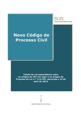 Código do
Processo Civil
Tabela de correspondência entre
os artigos do CPC em vigor e os artigos da
Proposta de Lei n.º 113/XII, aprovada a 19 de
abril de 2013
Novo Código de
Processo Civil
 