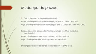 Mudança de prazos
 Execução para entrega de coisa certa:
Antes, citado para satisfazer a obrigação em 10 DIAS CORRIDOS.
Hoje, citado para satisfazer a obrigação em 15 DIAS ÚTEIS. (art. 806, CPC)
Execução contra a Fazenda Pública fundada em título executivo
extrajudicial:
Antes, citada para opor embargos em 10 dias corridos.
Hoje, citada para opor embargos em 30 DIAS ÚTEIS.
Embargos à execução: Serão oferecidos em 15 DIAS ÚTEIS.
 