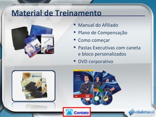 Material de Treinamento Manual do Afiliado Plano de Compensação Como começar Pastas Executivas com caneta e bloco personalizados DVD corporativo Contato 