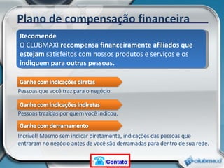 Pessoas que você traz para o negócio. Pessoas trazidas por quem você indicou. Incrível! Mesmo sem indicar diretamente, indicações das pessoas que entraram no negócio antes de você são derramadas para dentro de sua rede. Plano de compensação financeira Recomende O CLUBMAXI  recompensa financeiramente afiliados que estejam  satisfeitos com nossos produtos e serviços e os  indiquem para outras pessoas. Contato 