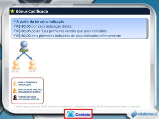 A partir da terceira indicação R$ 80,00  por cada indicação direta. R$ 80,00  pelas duas primeiras vendas que seus indicados R$ 80,00  dois primeiros indicados de seus indicados infinitamente R$ 80*  R$ 80*  * Indica que, além dos R$ 80 de bônus codificado, o afiliado já recebeu R$ 80 de patrocínio sobre o indicado.  SUAS 2 PRIMEIRAS INDICAÇÕES SUAS VENDAS DIRETAS (AFILIADOS/CLIENTES) VENDAS DE SEUS AFILIADOS/CLIENTES Contato 