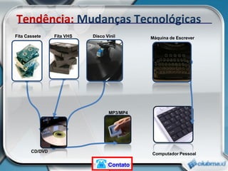 Tendência:  Mudanças Tecnológicas Fita Cassete Fita VHS Disco Vinil CD/DVD MP3/MP4 Máquina de Escrever Computador Pessoal Contato 
