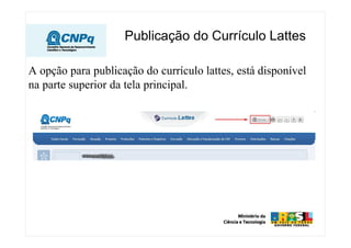 Publicação do Currículo Lattes
A opção para publicação do currículo lattes, está disponível
na parte superior da tela principal.
 