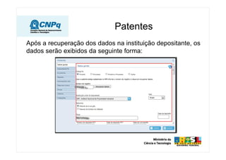 Após a recuperação dos dados na instituição depositante, os
dados serão exibidos da seguinte forma:
Patentes
 