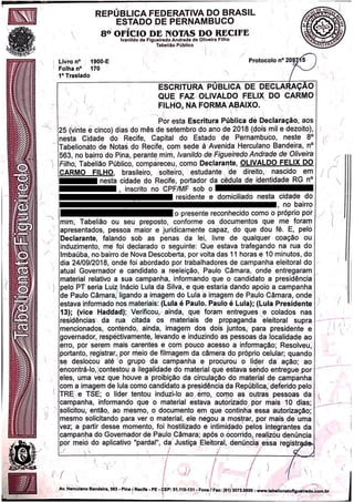 Registro da queixa de uso da máquina pública a favor de Paulo Câmara no cartório