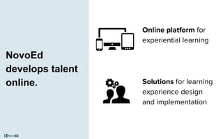 Solutions for learning
experience design
and implementation
Online platform for
experiential learning
NovoEd
develops talent
online.
 