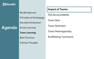 Agenda
My Background
Principles of Andragogy
NovoEd Introduction
Social Learning
Team Learning
Best Practices
Closing Thoughts
Impact of Teams
Felt Accountability
Team Size
Team Selection
Team Heterogeneity
Scaffolding Teamwork
 