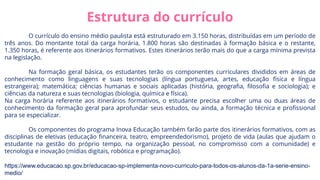 Estrutura do currículo
O currículo do ensino médio paulista está estruturado em 3.150 horas, distribuídas em um período de
três anos. Do montante total da carga horária, 1.800 horas são destinadas à formação básica e o restante,
1.350 horas, é referente aos itinerários formativos. Estes itinerários terão mais do que a carga mínima prevista
na legislação.
Na formação geral básica, os estudantes terão os componentes curriculares divididos em áreas de
conhecimento como linguagens e suas tecnologias (língua portuguesa, artes, educação física e língua
estrangeira); matemática; ciências humanas e sociais aplicadas (história, geografia, filosofia e sociologia); e
ciências da natureza e suas tecnologias (biologia, química e física).
Na carga horária referente aos itinerários formativos, o estudante precisa escolher uma ou duas áreas de
conhecimento da formação geral para aprofundar seus estudos, ou ainda, a formação técnica e profissional
para se especializar.
Os componentes do programa Inova Educação também farão parte dos itinerários formativos, com as
disciplinas de eletivas (educação financeira, teatro, empreendedorismo), projeto de vida (aulas que ajudam o
estudante na gestão do próprio tempo, na organização pessoal, no compromisso com a comunidade) e
tecnologia e inovação (mídias digitais, robótica e programação).
https://www.educacao.sp.gov.br/educacao-sp-implementa-novo-curriculo-para-todos-os-alunos-da-1a-serie-ensino-
medio/
 