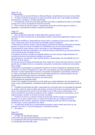 Artigo 18.º -A
Natureza das faltas
1 — São previstas no presente Estatuto as faltas justificadas e injustificadas, bem como os seus efeitos.
2 — As faltas resultantes da aplicação da ordem de saída da sala de aula, ou de medidas disciplinares
sancionatórias, consideram -se faltas injustificadas.
3 — O regulamento interno da escola pode qualificar como falta a comparência do aluno às actividades
escolares sem se fazer acompanhar do material necessário.
4 — Para os efeitos do número anterior, o regulamento interno da escola deve prever os efeitos, a
graduação e o procedimento tendente à respectiva justificação.

Artigo 19.º
Justificação de faltas
1 — São consideradas justificadas as faltas dadas pelos seguintes motivos:
a) Doença do aluno, devendo esta ser declarada por médico se determinar impedimento superior a cinco
dias úteis;
b) Isolamento profiláctico, determinado por doença infecto -contagiosa de pessoa que coabite com o
aluno, comprovada através de declaração da autoridade sanitária competente;
c) Falecimento de familiar, durante o período legal de justificação de faltas por falecimento de familiar,
previsto no regime do contrato de trabalho dos trabalhadores que exercem funções públicas;
d) Nascimento de irmão, durante o dia do nascimento e o dia imediatamente posterior;
e) Realização de tratamento ambulatório, em virtude de doença ou deficiência, que não possa efectuar -
se fora do período das actividades lectivas;
f) Assistência na doença a membro do agregado familiar, nos casos em que, comprovadamente, tal
assistência não possa ser prestada por qualquer outra pessoa;
g) Comparência a consultas pré -natais, período de parto e amamentação, tal como definido na Lei n.º
90/2001, de 20 de Agosto;
h) Acto decorrente da religião professada pelo aluno, desde que o mesmo não possa efectuar -se fora do
período das actividades lectivas e corresponda a uma prática comummente reconhecida como própria
dessa religião;
i) Preparação ou participação em competições desportivas de alunos integrados no subsistema do alto
rendimento, nos termos da legislação em vigor, bem como daqueles que sejam designados para integrar
selecções ou outras representações nacionais, nos períodos de preparação e participação competitiva,
ou, ainda, a participação dos demais alunos em actividades desportivas e culturais quando esta seja
considerada relevante pelas respectivas autoridades escolares;
j) Participação em actividades associativas, nos termos da lei;
k) Cumprimento de obrigações legais;
l) Outro facto impeditivo da presença na escola, desde que, comprovadamente, não seja imputável ao
aluno ou seja, justificadamente, considerado atendível pelo director de turma ou pelo professor titular de
turma.
2 — O pedido de justificação das faltas é apresentado por escrito pelos pais ou encarregado de educação
ou, quando o aluno for maior de idade, pelo próprio, ao director de turma ou ao professor titular da
turma, com indicação do dia, da hora e da actividade em que a falta ocorreu, referenciando -se os
motivos justificativos da mesma na caderneta escolar, tratando -se de aluno do ensino básico, ou em
impresso próprio, tratando -se de aluno do ensino secundário.
3 — O director de turma ou o professor titular da turma pode solicitar aos pais ou encarregado de
educação, ou ao aluno, quando maior, os comprovativos adicionais que entenda necessários à
justificação da falta, devendo, igualmente, qualquer entidade que para esse efeito for contactada,
contribuir para o correcto apuramento dos factos.
4 — A justificação da falta deve ser apresentada previamente, sendo o motivo previsível, ou, nos
restantes casos, até ao 3.º dia útil subsequente à verificação da mesma.
5 — (Revogado.)

Artigo 20.º
Faltas injustificadas
1 — As faltas são injustificadas quando:
a) Não tenha sido apresentada justificação, nos termos do n.º 1 do artigo 19.º;
b) A justificação tenha sido apresentada fora do prazo;
c) A justificação não tenha sido aceite;
 