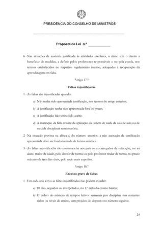 PRESIDÊNCIA DO CONSELHO DE MINISTROS




                           Proposta de Lei n.º


6 - Nas situações de ausência justificada às atividades escolares, o aluno tem o direito a
   beneficiar de medidas, a definir pelos professores responsáveis e ou pela escola, nos
   termos estabelecidos no respetivo regulamento interno, adequadas à recuperação da
   aprendizagem em falta.

                                           Artigo 17.º

                                    Faltas injustificadas

1 - As faltas são injustificadas quando:

        a) Não tenha sido apresentada justificação, nos termos do artigo anterior;

        b) A justificação tenha sido apresentada fora do prazo;

        c) A justificação não tenha sido aceite;

        d) A marcação da falta resulte da aplicação da ordem de saída da sala de aula ou de
           medida disciplinar sancionatória.

2 - Na situação prevista na alínea c) do número anterior, a não aceitação da justificação
   apresentada deve ser fundamentada de forma sintética.

3 - As faltas injustificadas são comunicadas aos pais ou encarregados de educação, ou ao
   aluno maior de idade, pelo diretor de turma ou pelo professor titular de turma, no prazo
   máximo de três dias úteis, pelo meio mais expedito.

                                           Artigo 18.º

                                   Excesso grave de faltas

1 - Em cada ano letivo as faltas injustificadas não podem exceder:

        a) 10 dias, seguidos ou interpolados, no 1.º ciclo do ensino básico;

        b) O dobro do número de tempos letivos semanais por disciplina nos restantes
           ciclos ou níveis de ensino, sem prejuízo do disposto no número seguinte.



                                                                                        24
 