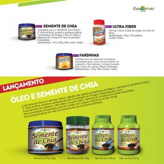 Semente de chia                                                      Ultra fiber
                   Conhecida como a “SEMENTE DA FORÇA”.                                   Famosa mistura à base de cereais, rica fonte de
                   É fonte de fibras, proteína e apresenta grande                         fibras.
                   concentração de Ômega 3. Rica em Cálcio e                              Apresentação: 250g, 180 pastilhas.
                   vitaminas do complexo B. Atua na sensação                              Contém Glúten.
                   e saciedade.
                   Apresentação: 150 e 200g. Não contém Glúten.




                                                             Farinhas
                                                         Farinhas ricas em vitaminas e proteínas
                                                         necessárias para o bom funcionamento do
                                                         organismo. Nos sabores: Linhaça Dourada,
                                                         Uva, Casca de Laranja, Maçã e Beringela.
                                                         Apresentação: 200g. Não contém Glúten.




     mento
                                                                                                                                 a’.

                 e chia
                                                                                                                          da forç

Lança
                                                                                                           a de ‘s emente


           ente d
                                                                                                     hamad
                                                                                             exico, c bom
                                                                                     as do Ml para o             lico.

      e sem
                                                                             tanhos        ia            ácido fó
                                                                       es monega 3, essenc B e contém
                                                              as regiõde Ôm

 óleo
                                                                                           o
                                                      inário d                      omplex       gel.
                                            ral, orig concentração itaminas do c a um tipo de
                                        natu nde
                                    ento ta gra
                            um alim presen                      lcio, v a chia form .
                                                          em cá a água
                    Chia é         a             , é rica                      linhaça
           ente deras, proteína e o. Além disso contato coma semente da
      Sem e fib
    A        d              ganism       ois em           o que
    É fonteamento do ore saciedade, pncentrados d
           n
     funcio sensação d s são mais c     o
      Atua narincipios ativo
      Seus p




               Semente de Chia 200g              Semente de Chia 150g       Óleo de Chia 1000mg      Óleo de Chia 500mg
 