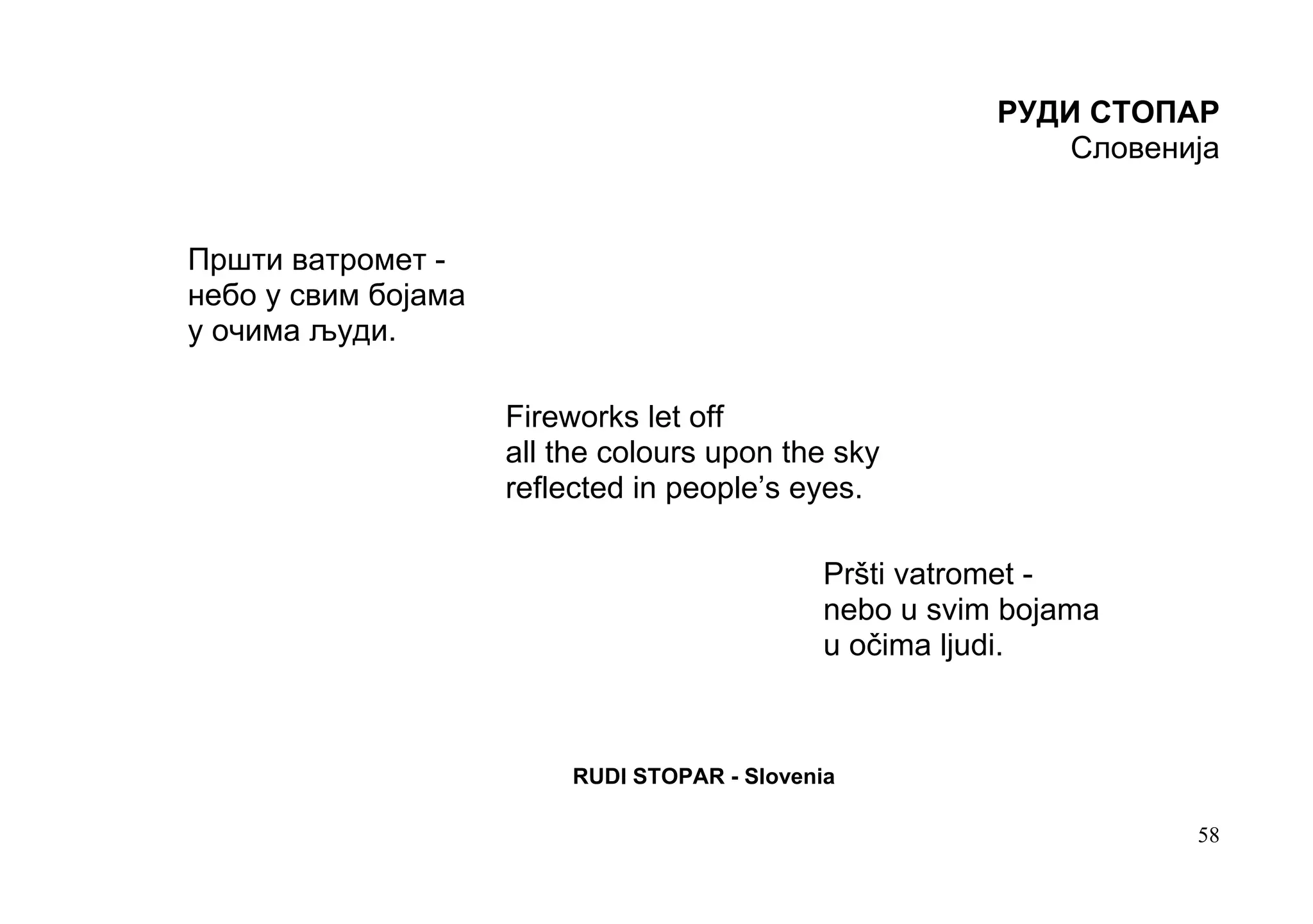 РУДИ СТОПАР
                                                              Словенија


Пршти ватромет -
небо у свим бојама
у очима људи.

                     Fireworks let off
                     all the colours upon the sky
                     reflected in people’s eyes.

                                               Pršti vatromet -
                                               nebo u svim bojama
                                               u očima ljudi.



                          RUDI STOPAR - Slovenia

                                                                     58
 
