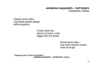 ЈАСМИНКА НАДАШКИЋ – ЂОРЂЕВИЋ
                                                   Смедерево, Србија


Смрзло јасно небо -
над мојим домом звезда
већа од других.

                          Frozen clear sky -
                          above my home, a star
                          bigger than the others.

                                                    Smrzlo jasno nebo -
                                                    nad mojim domom zvezda
                                                    veća od drugih.


* Превод аутора / Author’s translation
                        JASMINKA NADASKIC – DJORDJEVIC - Serbia

                                                                             39
 