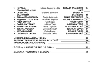 НАТАША           Natasa Stankovic – Kis   NATAŠA STANKOVIĆ      54
  СТАНКОВИЋ – КИШ                                         – KIŠ
  СВЕТЛАНА          Svetlana Stankovic               SVETLANA
  СТАНКОВИЋ                                         STANKOVIĆ     55
  ТАЊА СТЕФАНОВИЋ     Tanja Stefanovic       TANJA STEFANOVIĆ     56
  БУДИМКА СТОЈАНОВ   Budimka Stojanov       BUDIMKA STOJANOV      57
  РУДИ СТОПАР           Rudi Stopar               RUDI STOPAR     58
  ЉУБИНКА ТОШИЋ        Ljubinka Tosic          LJUBINKA TOŠIĆ     59
  БОРИС ТРАЈКОВИЋ      Boris Trajkovic        BORIS TRAJKOVIĆ     60
  ЗДЕНКА ФЕЂВЕР       Zdenka Fedjver           ZDENKA FEĐVER      61
  ЖЕЉКО ФУРДА           Zeljko Furda             ŽELJKO FURDA     62
  СЛОБОДАН ЦЕКИЋ      Slobodan Cekic          SLOBODAN CEKIĆ      63

«НОВОГОДИШЊА НОЋ» у Нублу                                         65
THE NEW YEAR'S EVE AT THE «NUBLU» CAFÉ                            66
«NOVOGODIŠNJA NOĆ» у Нублу                                        67

O ПХД – у / ABOUT THE THF / O PHD – u                             69

САДРЖАЈ / CONTENTS / SADRŽAJ                                      78



                                                                       81
 