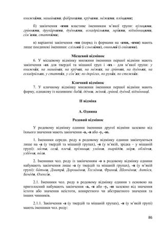 86
книжка́ ми, маши́нами, фа́ бриками, кру́чами, ме́жами, пло́щами;
б) закінчення -ями властиве іменникам м’якої групи: ву́лицями,
гри́ внями, друка́ рнями, дуе́ньями, ескадри́льями, мрі́ями, відмі́нницями,
сі́м’ями, стаття́ ми;
в) варіантні закінчення -ми (поряд із формами на -ами, -ями) мають
лише поодинокі іменники: слізьми́ (і сльоза́ ми), свиньми́ (і сви́ нями).
Місцевий відмінок
6. У місцевому відмінку множини іменники першої відміни мають
закінчення -ах для твердої та мішаної груп і -ях – для м’якої групи: у
книжка́ х, на маши́нах, на кру́чах, на ме́жах, на гри́внях, на дуе́ньях, на
ескадри́ льях, у стаття́ х, у сі́м’ях; по доро́ гах, по рука́ х, по стежка́ х.
Кличний відмінок
7. У кличному відмінку множини іменники першої відміни мають
форму, однакову із називним: баби́ , до́ чки, жінки́ , гри́вні, дуе́ньї, відмі́нниці.
ІІ відміна
А. Однина
Родовий відмінок
У родовому відмінку однини іменники другої відміни залежно від
їхнього значення мають закінчення -а, -я або -у, -ю.
1. Іменники середн. роду в родовому відмінку однини закінчуються
лише на -а (у твердій та мішаній групах), -я (у м’якій, зрідка – у мішаній
групі): мі́ста, села́ , плеча́ , прі́звища; умі́ння, знаря́ддя, мо́ря, обли́ ччя,
узбі́ччя, по́ ля.
2. Іменники чол. роду із закінченням -о в родовому відмінку однини
набувають закінчення лише -а (у твердій та мішаній групах), -я (у м’якій
групі): ба́ тька, Дмитра́ , Дороше́нка, Тесле́нка, Франка́ , Шевче́нка; Анто́ ся,
Бене́дя, Олексі́я.
2.1. Іменники чол. роду в родовому відмінку однини з основою на
приголосний набувають закінчення -а, -я або -у, -ю залежно від значення
істоти або значення неістоти, конкретного чи абстрактного значення та
інших чинників.
2.1.1. Закінчення -а (у твердій та мішаній групах), -я (у м’якій групі)
мають іменники чол. роду:
 