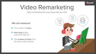 Video Remarketing
The number of views
How long people
watch the video for
The number of clicks from
the video to the website
We can measure:
Video remarketing has very cheap costs per click.
 
