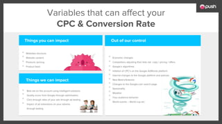 Variables that can affect your
CPC & Conversion Rate
Websites structure
Website content
Products /pricing
Product feed
Bids set on the account using intelligent solutions
Quality score from Google through optimisation
Click through rates of your ads through ad testing
Impact of ad extensions on your adverts
through testing
Economic changes
Competitors adjusting their bids /ad copy / pricing / offers
Google’s algorithms
Inflation of CPC’s on the Google AdWords platform
Internal changes to the Google platform and policies
New Beta’s/features
Changes to the Google.com search page
Seasonality
Weather
Your audience behavior
World events – World cup etc.
Things you can impact
Things we can impact
Out of our control
 