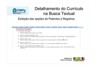 Detalhamento do Currículo
                na Busca Textual
Exibição das opções de Patentes e Registros
 
