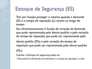 Estoque de Segurança (ES)
Tem por função proteger o sistema quando a demanda
(D) e o tempo de reposição (L) variam ao longo do
tempo.
Seu dimensionamento é função da variação da demanda
que pode representada pelo desvio padrão e pela variação
do tempo de reposição que pode ser representada pelo
desvio padrão (d) e pela variação do tempo de
reposição que pode ser representada pelo desvio padrão
(L).
Calcular o Estoque de segurança pode ser:
- Demanda D é distribuída normalmente e o tempo de reposição L é fixo
 