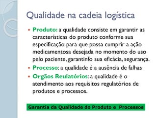  Produto: a qualidade consiste em garantir as
características do produto conforme sua
especificação para que possa cumprir a ação
medicamentosa desejada no momento do uso
pelo paciente, garantinfo sua eficácia, segurança.
 Processo: a qualidade é a ausência de falhas
 Orgãos Reulatórios: a qualidade é o
atendimento aos requisitos regulatórios de
produtos e processos.
Qualidade na cadeia logística
Garantia da Qualidade do Produto e Processos
 