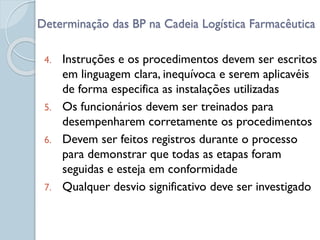 4. Instruções e os procedimentos devem ser escritos
em linguagem clara, inequívoca e serem aplicavéis
de forma especifica as instalações utilizadas
5. Os funcionários devem ser treinados para
desempenharem corretamente os procedimentos
6. Devem ser feitos registros durante o processo
para demonstrar que todas as etapas foram
seguidas e esteja em conformidade
7. Qualquer desvio significativo deve ser investigado
Determinação das BP na Cadeia Logística Farmacêutica
 