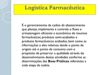 É o gerenciamento da cadeia de abastecimento
que planeja, implementa e controla o fluxo e
armazenagem eficiente e econômico de insumos
farmacêuticos, produtos semi-acabados e
produtos farmacêuticos acabados, bem como as
informações a eles relativas desde o ponto de
origem até o ponto de consumo com o
propósito de preservar a qualidade através do
desenvolvimento destas atividades conforme as
determinações das Boas Práticas referentes a
cada etapa da cadeia.
Logística Farmacêutica
 