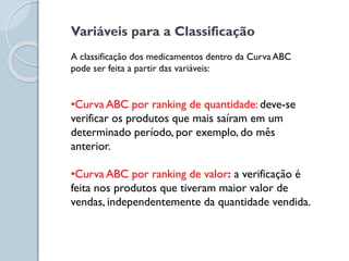Variáveis para a Classificação
A classificação dos medicamentos dentro da Curva ABC
pode ser feita a partir das variáveis:
•Curva ABC por ranking de quantidade: deve-se
verificar os produtos que mais saíram em um
determinado período, por exemplo, do mês
anterior.
•Curva ABC por ranking de valor: a verificação é
feita nos produtos que tiveram maior valor de
vendas, independentemente da quantidade vendida.
 