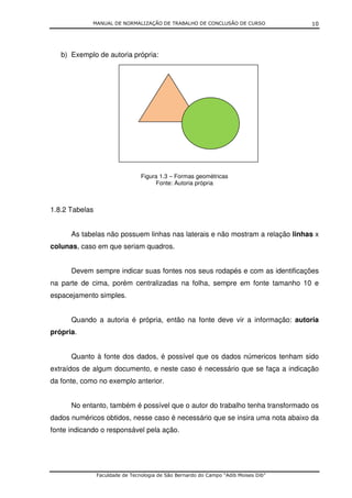 MANUAL DE NORMALIZAÇÃO DE TRABALHO DE CONCLUSÃO DE CURSO                10




   b) Exemplo de autoria própria:




                                 Figura 1.3 – Formas geométricas
                                      Fonte: Autoria própria



1.8.2 Tabelas


      As tabelas não possuem linhas nas laterais e não mostram a relação linhas x
colunas, caso em que seriam quadros.


      Devem sempre indicar suas fontes nos seus rodapés e com as identificações
na parte de cima, porém centralizadas na folha, sempre em fonte tamanho 10 e
espacejamento simples.


      Quando a autoria é própria, então na fonte deve vir a informação: autoria
própria.


      Quanto à fonte dos dados, é possível que os dados númericos tenham sido
extraídos de algum documento, e neste caso é necessário que se faça a indicação
da fonte, como no exemplo anterior.


      No entanto, também é possível que o autor do trabalho tenha transformado os
dados numéricos obtidos, nesse caso é necessário que se insira uma nota abaixo da
fonte indicando o responsável pela ação.




                Faculdade de Tecnologia de São Bernardo do Campo “Adib Moises Dib”
 