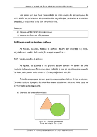 MANUAL DE NORMALIZAÇÃO DE TRABALHO DE CONCLUSÃO DE CURSO              9




      Nos casos em que haja necessidade de mais níveis de apresentação do
texto, então se podem usar letras minúsculas seguidas por parênteses e em ordem
alfabética, e iniciando o texto com letra minúscula.


Exemplo:
   a) na casa verde moram cinco pessoas;
   b) na casa azul moram três pessoas.


1.8 Figuras, quadros, tabelas e gráficos


      As figuras, quadros, tabelas e gráficos devem ser inseridos no texto,
seguindo-se o modelo de formatação a seguir especificado.


1.8.1 Figuras, quadros e gráficos


      As figuras, os quadros e os gráficos devem sempre vir dentro de uma
moldura, indicando suas fontes nos seus rodapés e com as identificações na parte
de baixo, sempre em fonte tamanho 10 e espacejamento simples.


      Entende-se que para ser um quadro é necessário existirem linhas e colunas.
Quando a autoria é própria, do autor do trabalho acadêmico, então na fonte deve vir
a informação: autoria própria.


   a) Exemplo de fonte referenciada:




                                Figura 1.2 – Formas geométricas
                                 Fonte: MESSAGE, 2012, p.30



               Faculdade de Tecnologia de São Bernardo do Campo “Adib Moises Dib”
 