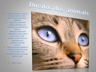 Direitos dos animaisTodos os animais nascem iguais perante a vida e têm os mesmos direitos à existência.Todos os animais têm direito à atenção, aos cuidados e à protecção do homem.Nenhum animal será submetido a maus tratos nem a actos cruéis. Nenhum animal deve ser explorado para entretenimento do homem. Todo o acto que implique a morte de um animal, sem necessidade, é um biocídio, ou seja, um crime contra a vida.6.      Entre outros…