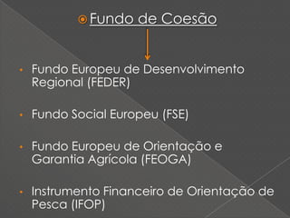  Fundo   de Coesão


•   Fundo Europeu de Desenvolvimento
    Regional (FEDER)

•   Fundo Social Europeu (FSE)

•   Fundo Europeu de Orientação e
    Garantia Agrícola (FEOGA)

•   Instrumento Financeiro de Orientação de
    Pesca (IFOP)
 