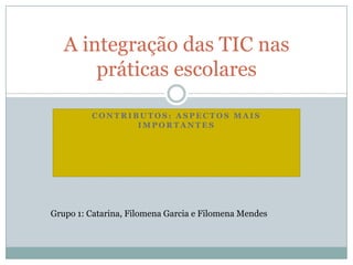Contributos: aspectos mais importantes A integração das TIC nas práticas escolares Grupo 1: Catarina, Filomena Garcia e Filomena Mendes  
