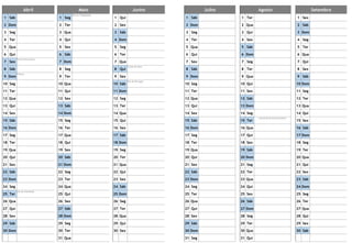 Abril Maio Junho
1 Sáb 1 Seg
Dia do Trabalhador
1 Qui
2 Dom 2 Ter 2 Sex
3 Seg 3 Qua 3 Sáb
4 Ter 4 Qui 4 Dom
5 Qua 5 Sex 5 Seg
6 Qui 6 Sáb 6 Ter
7 Sex
Sexta-feira Santa
7 Dom 7 Qua
8 Sáb 8 Seg 8 Qui
Corpo de Deus
9 Dom
Páscoa
9 Ter 9 Sex
10 Seg 10 Qua 10 Sáb
Dia de Portugal
11 Ter 11 Qui 11 Dom
12 Qua 12 Sex 12 Seg
13 Qui 13 Sáb 13 Ter
14 Sex 14 Dom 14 Qua
15 Sáb 15 Seg 15 Qui
16 Dom 16 Ter 16 Sex
17 Seg 17 Qua 17 Sáb
18 Ter 18 Qui 18 Dom
19 Qua 19 Sex 19 Seg
20 Qui 20 Sáb 20 Ter
21 Sex 21 Dom 21 Qua
22 Sáb 22 Seg 22 Qui
23 Dom 23 Ter 23 Sex
24 Seg 24 Qua 24 Sáb
25 Ter
Dia da Liberdade
25 Qui 25 Dom
26 Qua 26 Sex 26 Seg
27 Qui 27 Sáb 27 Ter
28 Sex 28 Dom 28 Qua
29 Sáb 29 Seg 29 Qui
30 Dom 30 Ter 30 Sex
31 Qua
Julho Agosto Setembro
1 Sáb 1 Ter 1 Sex
2 Dom 2 Qua 2 Sáb
3 Seg 3 Qui 3 Dom
4 Ter 4 Sex 4 Seg
5 Qua 5 Sáb 5 Ter
6 Qui 6 Dom 6 Qua
7 Sex 7 Seg 7 Qui
8 Sáb 8 Ter 8 Sex
9 Dom 9 Qua 9 Sáb
10 Seg 10 Qui 10 Dom
11 Ter 11 Sex 11 Seg
12 Qua 12 Sáb 12 Ter
13 Qui 13 Dom 13 Qua
14 Sex 14 Seg 14 Qui
15 Sáb 15 Ter
Assunção de Nossa Senhora
15 Sex
16 Dom 16 Qua 16 Sáb
17 Seg 17 Qui 17 Dom
18 Ter 18 Sex 18 Seg
19 Qua 19 Sáb 19 Ter
20 Qui 20 Dom 20 Qua
21 Sex 21 Seg 21 Qui
22 Sáb 22 Ter 22 Sex
23 Dom 23 Qua 23 Sáb
24 Seg 24 Qui 24 Dom
25 Ter 25 Sex 25 Seg
26 Qua 26 Sáb 26 Ter
27 Qui 27 Dom 27 Qua
28 Sex 28 Seg 28 Qui
29 Sáb 29 Ter 29 Sex
30 Dom 30 Qua 30 Sáb
31 Seg 31 Qui
 