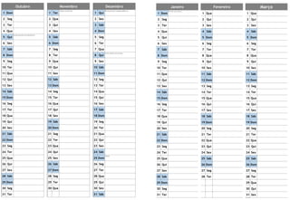 Janeiro Fevereiro Março
1 Dom
Dia de Ano Novo
1 Qua 1 Qua
2 Seg 2 Qui 2 Qui
3 Ter 3 Sex 3 Sex
4 Qua 4 Sáb 4 Sáb
5 Qui 5 Dom 5 Dom
6 Sex 6 Seg 6 Seg
7 Sáb 7 Ter 7 Ter
8 Dom 8 Qua 8 Qua
9 Seg 9 Qui 9 Qui
10 Ter 10 Sex 10 Sex
11 Qua 11 Sáb 11 Sáb
12 Qui 12 Dom 12 Dom
13 Sex 13 Seg 13 Seg
14 Sáb 14 Ter 14 Ter
15 Dom 15 Qua 15 Qua
16 Seg 16 Qui 16 Qui
17 Ter 17 Sex 17 Sex
18 Qua 18 Sáb 18 Sáb
19 Qui 19 Dom 19 Dom
20 Sex 20 Seg 20 Seg
21 Sáb 21 Ter 21 Ter
22 Dom 22 Qua 22 Qua
23 Seg 23 Qui 23 Qui
24 Ter 24 Sex 24 Sex
25 Qua 25 Sáb 25 Sáb
26 Qui 26 Dom 26 Dom
27 Sex 27 Seg 27 Seg
28 Sáb 28 Ter 28 Ter
29 Dom 29 Qua
30 Seg 30 Qui
31 Ter 31 Sex
Outubro Novembro Dezembro
1 Dom 1 Ter
Todos os Santos
1 Qui
Restauração Independência
2 Seg 2 Qua 2 Sex
3 Ter 3 Qui 3 Sáb
4 Qua 4 Sex 4 Dom
5 Qui
Implantação da República
5 Sáb 5 Seg
6 Sex 6 Dom 6 Ter
7 Sáb 7 Seg 7 Qua
8 Dom 8 Ter 8 Qui
Imaculada Conceição
9 Seg 9 Qua 9 Sex
10 Ter 10 Qui 10 Sáb
11 Qua 11 Sex 11 Dom
12 Qui 12 Sáb 12 Seg
13 Sex 13 Dom 13 Ter
14 Sáb 14 Seg 14 Qua
15 Dom 15 Ter 15 Qui
16 Seg 16 Qua 16 Sex
17 Ter 17 Qui 17 Sáb
18 Qua 18 Sex 18 Dom
19 Qui 19 Sáb 19 Seg
20 Sex 20 Dom 20 Ter
21 Sáb 21 Seg 21 Qua
22 Dom 22 Ter 22 Qui
23 Seg 23 Qua 23 Sex
24 Ter 24 Qui 24 Sáb
25 Qua 25 Sex 25 Dom
Natal
26 Qui 26 Sáb 26 Seg
27 Sex 27 Dom 27 Ter
28 Sáb 28 Seg 28 Qua
29 Dom 29 Ter 29 Qui
30 Seg 30 Qua 30 Sex
31 Ter 31 Sáb
 
