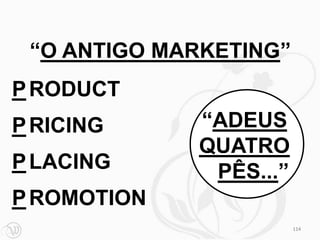 “O ANTIGO MARKETING”
P RODUCT
P RICING     “ADEUS
             QUATRO
P LACING      PÊS...”
P ROMOTION
                        114
 