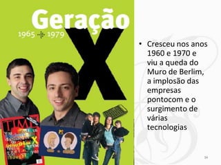 • Cresceu nos anos
  1960 e 1970 e
  viu a queda do
  Muro de Berlim,
  a implosão das
  empresas
  pontocom e o
  surgimento de
  várias
  tecnologias


                 34
 