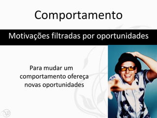 Comportamento
Motivações filtradas por oportunidades


      Para mudar um
   comportamento ofereça
    novas oportunidades


                                     44
 