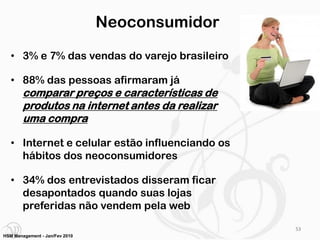 Neoconsumidor
   • 3% e 7% das vendas do varejo brasileiro

   • 88% das pessoas afirmaram já
        comparar preços e características de
        produtos na internet antes da realizar
        uma compra

   • Internet e celular estão influenciando os
     hábitos dos neoconsumidores

   • 34% dos entrevistados disseram ficar
     desapontados quando suas lojas
     preferidas não vendem pela web

                                                 53
HSM Management - Jan/Fev 2010
 