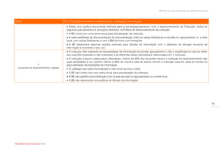 Modelo de auto-avaliação da biblioteca escolar



Níveis                                      D.2. Condições humanas e materiais para a prestação dos serviços
                                               Existe uma política documental definida para a escola/agrupamento, mas o desenvolvimento da Colecção realiza-se
                                              seguindo parcialmente os princípios definidos na Política de desenvolvimento da colecção
                                               A BE conta com uma verba anual para actualização da colecção.
                                               A rede partilhada de documentação de documentação entre as várias bibliotecas e escolas no agrupamento, e, a nível
                                              local, com outras bibliotecas e com a BM funciona com limitações.
                                               A BE desenvolve algumas acções pontuais para difusão da informação com o objectivo de divulgar recursos de
                                              informação e incentivar o seu uso.
                                               A colecção não responde às necessidades de informação da escola/ agrupamento e não é equilibrada no que se refere
                                              aos suportes (impresso e não impresso) e às diferentes áreas (recreativa e relacionada com o currículo).
                                               A colecção é pouco usada pelos utilizadores: menos de 45% dos docentes recorre à colecção no desenvolvimento das
                                              suas actividades e um número inferior a 45% do número total de alunos recorre à colecção para ler, para se recrear ou
                       1                      para satisfazer necessidades de informação.
  (a precisar de desenvolvimento urgente)      O catálogo não está informatizado e não inclui recursos online.
                                               A BE não conta com uma verba anual para actualização da colecção.
                                               A BE não partilha documentação com outras escolas no agrupamento ou a nível local.
                                               A BE não desenvolve uma política de difusão da informação.




                                                                                                                                                                            54




Rede Bibliotecas Escolares 2009
 