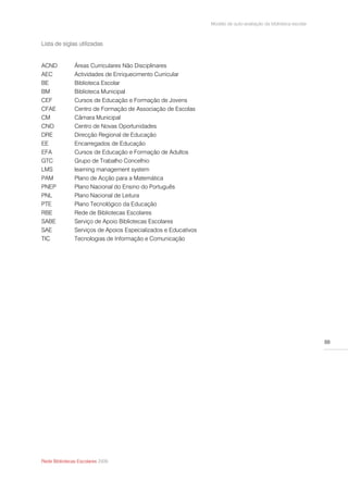 Modelo de auto-avaliação da biblioteca escolar



Lista de siglas utilizadas


ACND           Áreas Curriculares Não Disciplinares
AEC            Actividades de Enriquecimento Curricular
BE             Biblioteca Escolar
BM             Biblioteca Municipal
CEF            Cursos de Educação e Formação de Jovens
CFAE           Centro de Formação de Associação de Escolas
CM             Câmara Municipal
CNO            Centro de Novas Oportunidades
DRE            Direcção Regional de Educação
EE             Encarregados de Educação
EFA            Cursos de Educação e Formação de Adultos
GTC            Grupo de Trabalho Concelhio
LMS            learning management system
PAM            Plano de Acção para a Matemática
PNEP           Plano Nacional do Ensino do Português
PNL            Plano Nacional de Leitura
PTE            Plano Tecnológico da Educação
RBE            Rede de Bibliotecas Escolares
SABE           Serviço de Apoio Bibliotecas Escolares
SAE            Serviços de Apoios Especializados e Educativos
TIC            Tecnologias de Informação e Comunicação




                                                                                                                 88




Rede Bibliotecas Escolares 2009
 