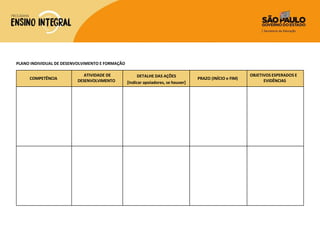 PLANO INDIVIDUAL DE DESENVOLVIMENTO E FORMAÇÃO
COMPETÊNCIA
ATIVIDADE DE
DESENVOLVIMENTO
DETALHE DAS AÇÕES
[Indicar apoiadores, se houver]
PRAZO (INÍCIO e FIM)
OBJETIVOS ESPERADOS E
EVIDÊNCIAS
 